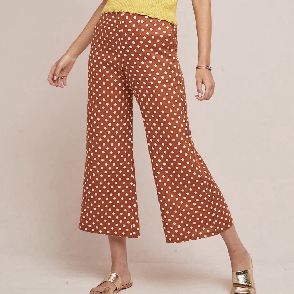 Faithfull The Brand Tomas Pants Cinnamon Polka Dot Linen Crop Wide Leg 8